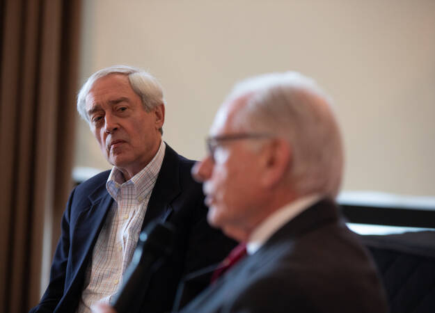 Dr. George Rupp and Allan Goodman speaking at the IIE PEER Forum Fireside chat