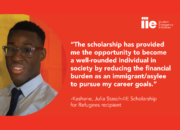 Image of student with quotation which states "The scholarship has provided me to opportunity to become a well-rounded individual in society by reducing the financial burden as an immigrant/asylee to pursue my career goals"