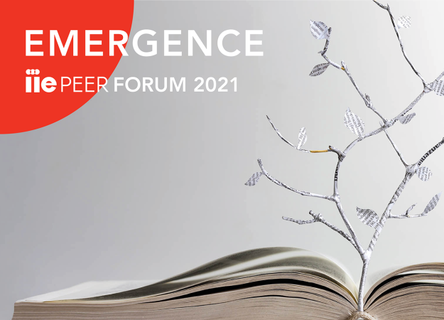 Paper tree comes out of a book. Red semi circle superimposed with the words "Emergence: IIE PEER Forum 2021"